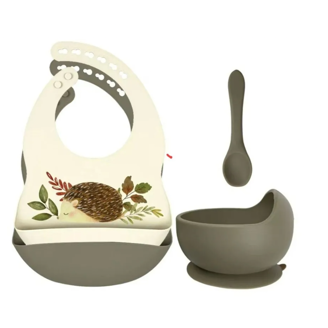 Lot de bavoirs en silicone + Bol + Cuillère - Hérisson sauge