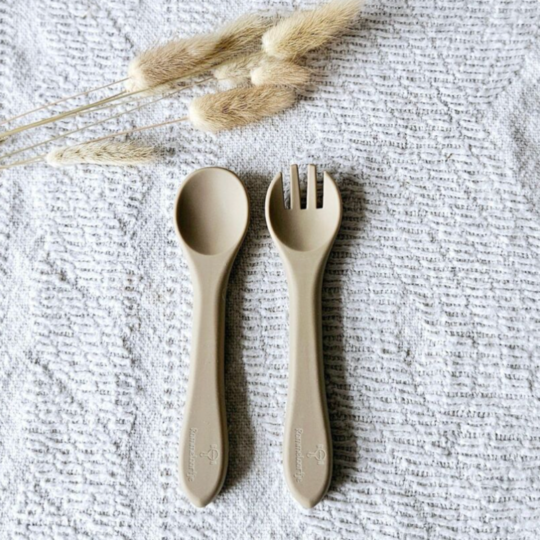 Cuillère et fourchette en silicone - Sable