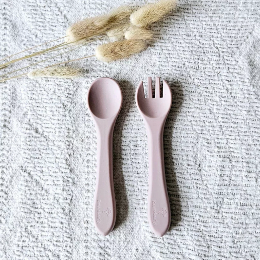 Cuillère et fourchette en Silicone - Rose tendre