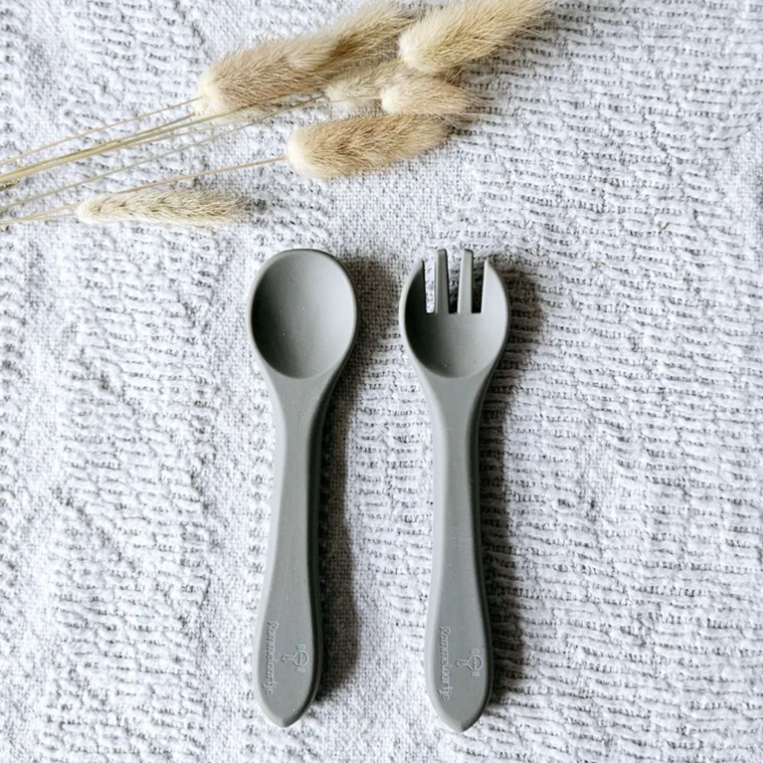 Cuillère et Fourchette en silicone - Sauge
