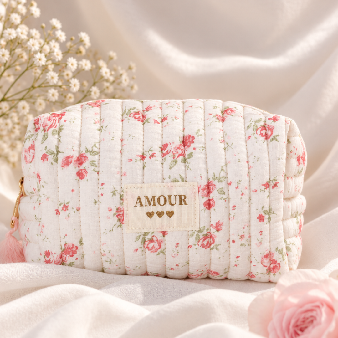 Trousse de maquillage matelassée fleurie - Amour