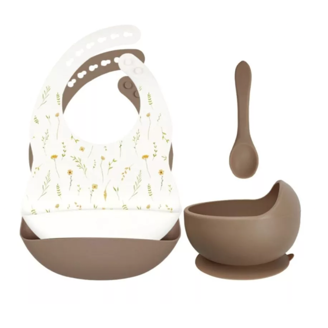 Lot de bavoirs en silicone + Bol + Cuillère - Fleurs Blanc & Sable