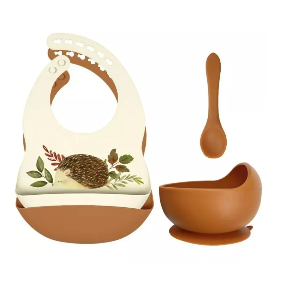 Lot de bavoirs en silicone + Bol + Cuillère - Hérisson terracotta