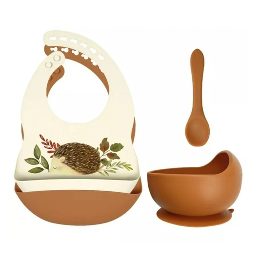 Lot de bavoirs en silicone + Bol + Cuillère - Hérisson terracotta