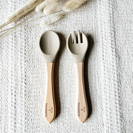 Cuillère et Fourchette en silicone avec Manche en Bambou - Sable