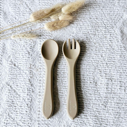 Cuillère et fourchette en silicone - Sable